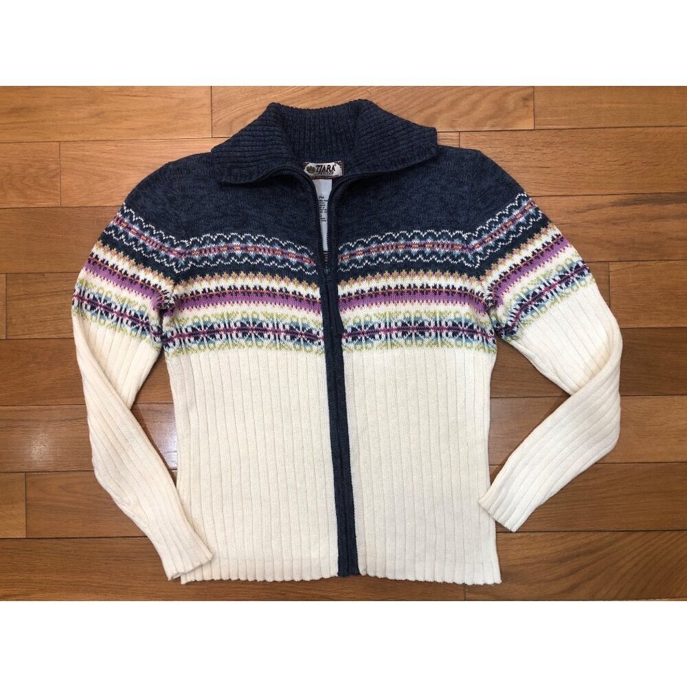 Tiara Petites Full Zip Multi Color Nordic Fair Isle Ribbed Knit Sweater Size MP